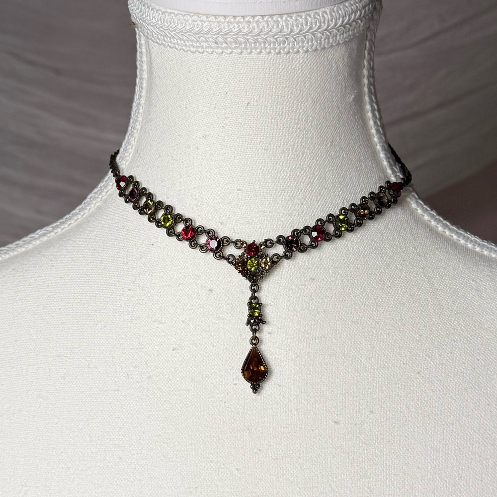 Vintage-Inspired Multicolor Crystal Choker Necklace - Brown Teardrop